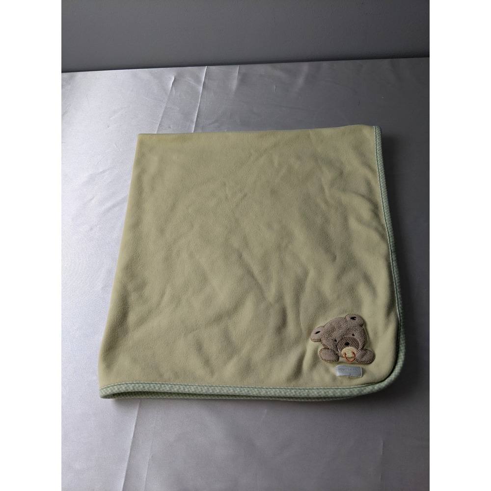 Vintage Carters Baby Blanket Yellow Green Gingham Teddy Bear Applique 26x28